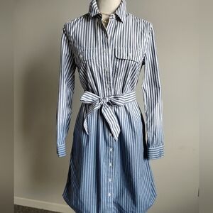 Lands' End Classic Cotton Shirt Dress Ombre Blue Stripe Preppy Size Small